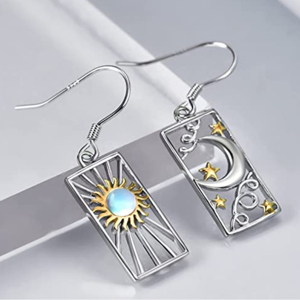 Silver and Gold Sun and Moon Earrings - Picture 4 of 12